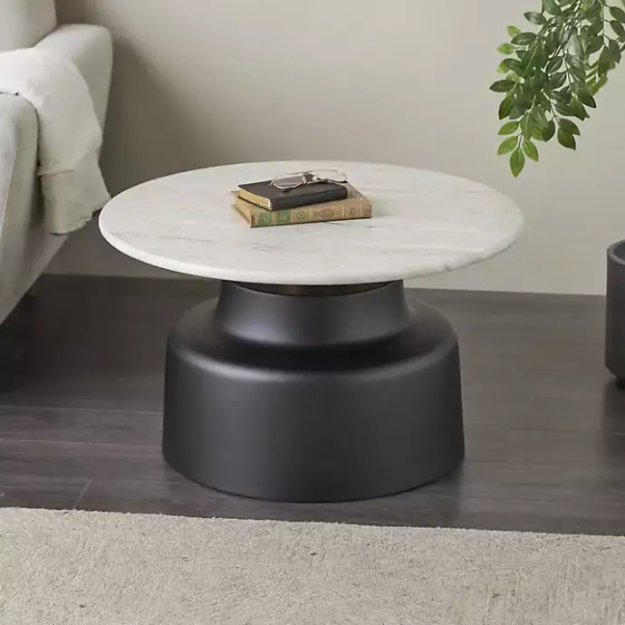 Hot Kirklands Home Marble & Black Metal Pedestal Coffee Table White