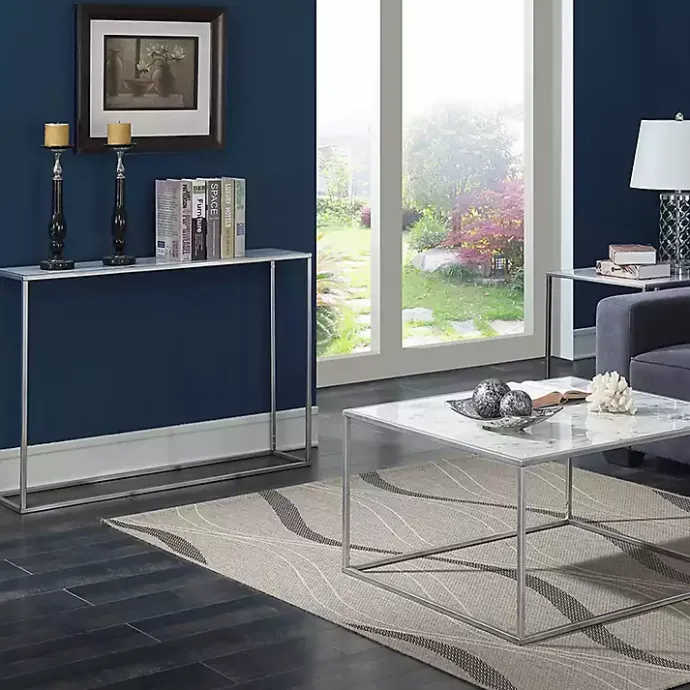 Outlet Kirklands Home White Marble & Metal Slim Console Table Silver