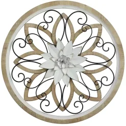 Best Kirklands Home White Metal and Wood Floral Round Wall Plaque