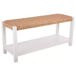 Online Kirklands Home White Newport Wood and Rattan Bench with Shelf Brown