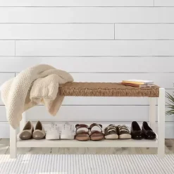 Online Kirklands Home White Newport Wood and Rattan Bench with Shelf Brown