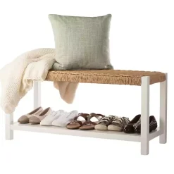 Online Kirklands Home White Newport Wood and Rattan Bench with Shelf Brown