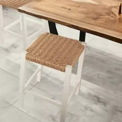 Kirklands Home White Newport Wood and Rattan Counter Stool Brown