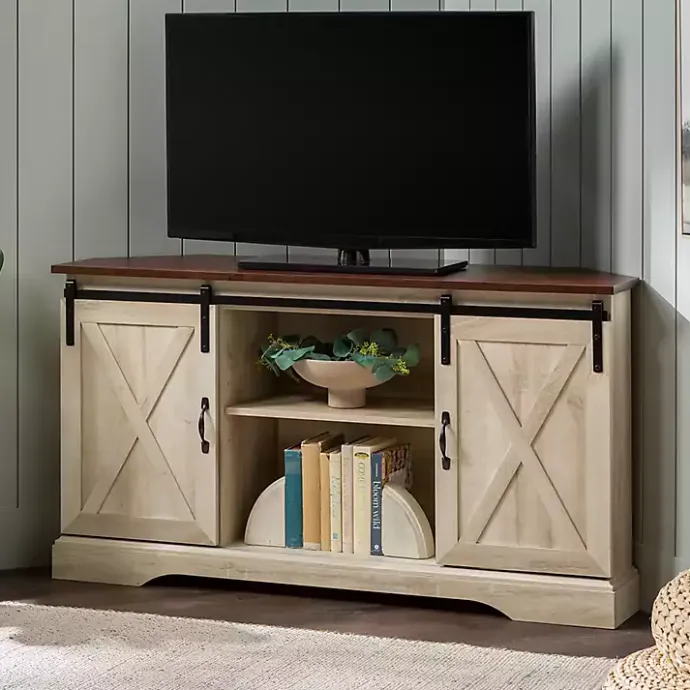 Discount Kirklands Home White Oak Sliding Barn Doors Corner TV Stand Ivory