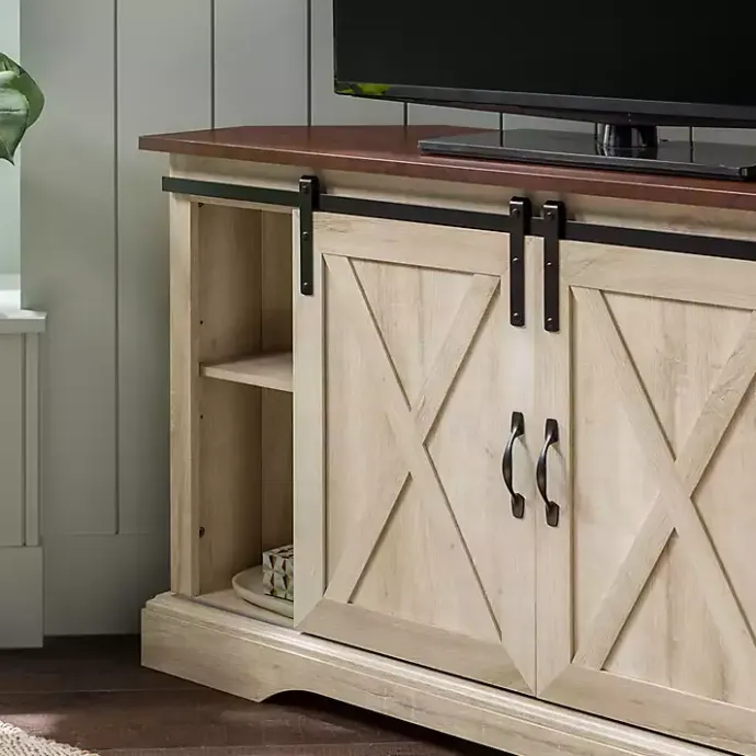 Discount Kirklands Home White Oak Sliding Barn Doors Corner TV Stand Ivory