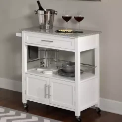 Best Kirklands Home White Parker Granite Top Rolling Kitchen Cart