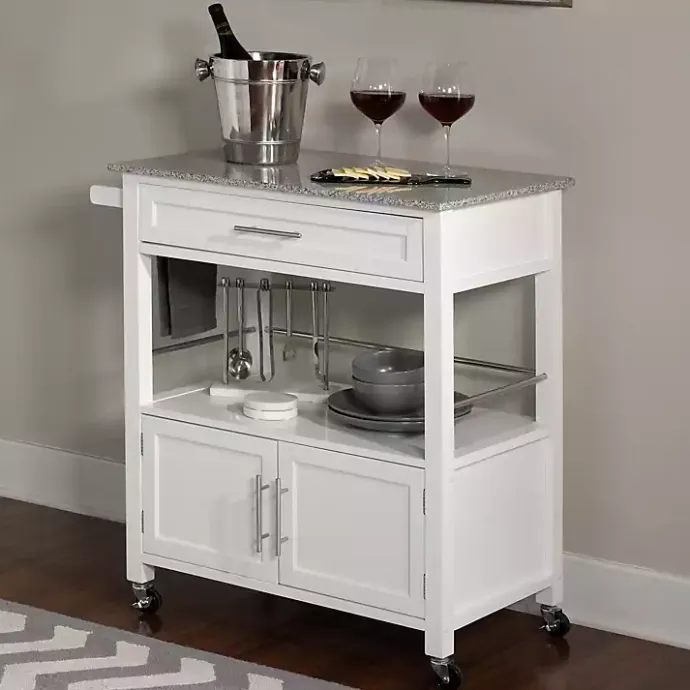 Best Kirklands Home White Parker Granite Top Rolling Kitchen Cart