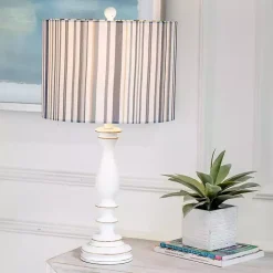 New Kirklands Home White Resin Table Lamp with Blue Stripe Shade