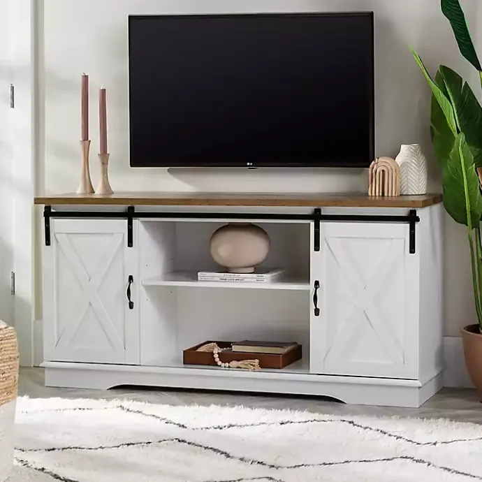 Discount Kirklands Home Sliding Door Rustic Oak Top TV Stand White