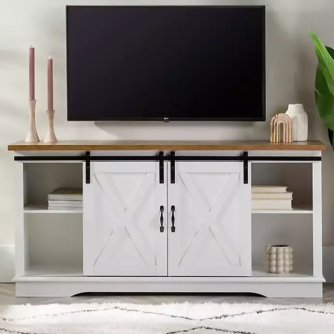 Discount Kirklands Home Sliding Door Rustic Oak Top TV Stand White