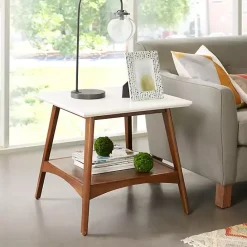 Discount Kirklands Home White Top and Pecan Wood Mid-Century Modern Table Brown