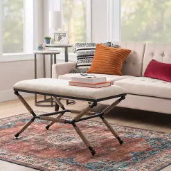 Kirklands Home White Upholstered and Wrapped Rope Metal Bench