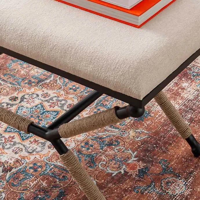 Kirklands Home White Upholstered and Wrapped Rope Metal Bench
