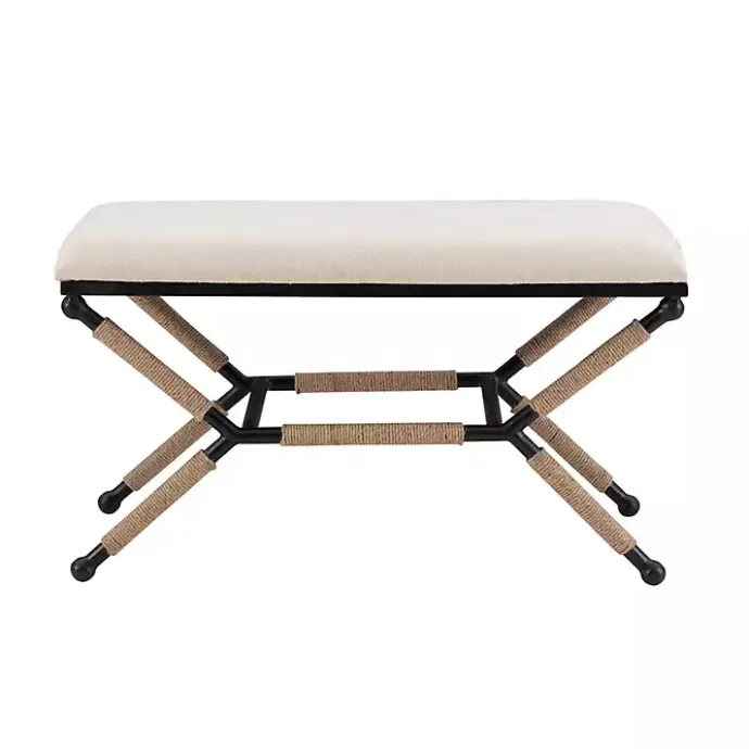 Kirklands Home White Upholstered and Wrapped Rope Metal Bench