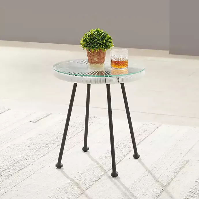 Hot Kirklands Home Wicker and Glass Top Outdoor Side Table White