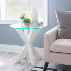Hot Kirklands Home Wood and Glass Top X-Base Accent Table White