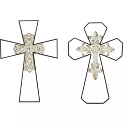 Hot Kirklands Home White Wood and Metal Cross Wall Plaques, Set of 2