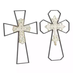 Hot Kirklands Home White Wood and Metal Cross Wall Plaques, Set of 2