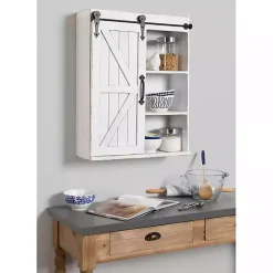 New Kirklands Home Wood Barn Door 5-Shelf Wall Cabinet White