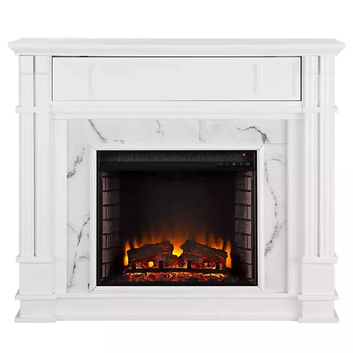 Discount Kirklands Home Wood Faux Marble LED Media Fireplace White