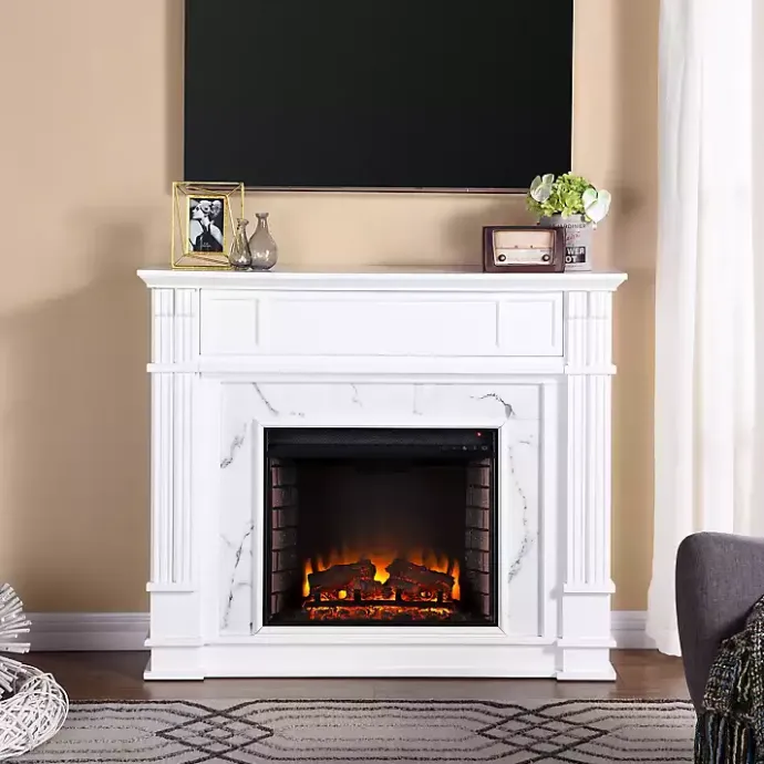 Discount Kirklands Home Wood Faux Marble LED Media Fireplace White