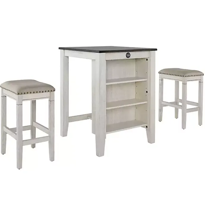 Kirklands Home White Wood Linen 3-pc. USB Island and Stool Set