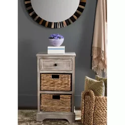 Best Kirklands Home Whitewashed Brown Wood Side Table with Baskets
