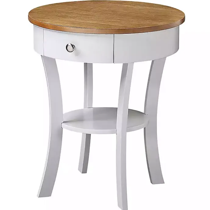 New Kirklands Home Wood & White Curved Legs Round Drawer Accent Table Brown