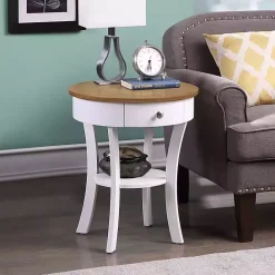 New Kirklands Home Wood & White Curved Legs Round Drawer Accent Table Brown