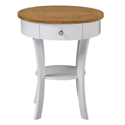 New Kirklands Home Wood & White Curved Legs Round Drawer Accent Table Brown