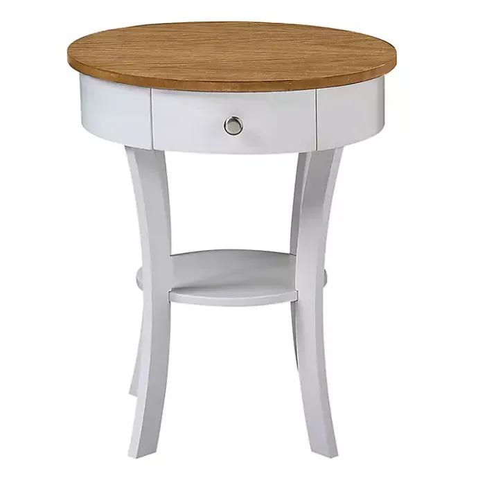 New Kirklands Home Wood & White Curved Legs Round Drawer Accent Table Brown