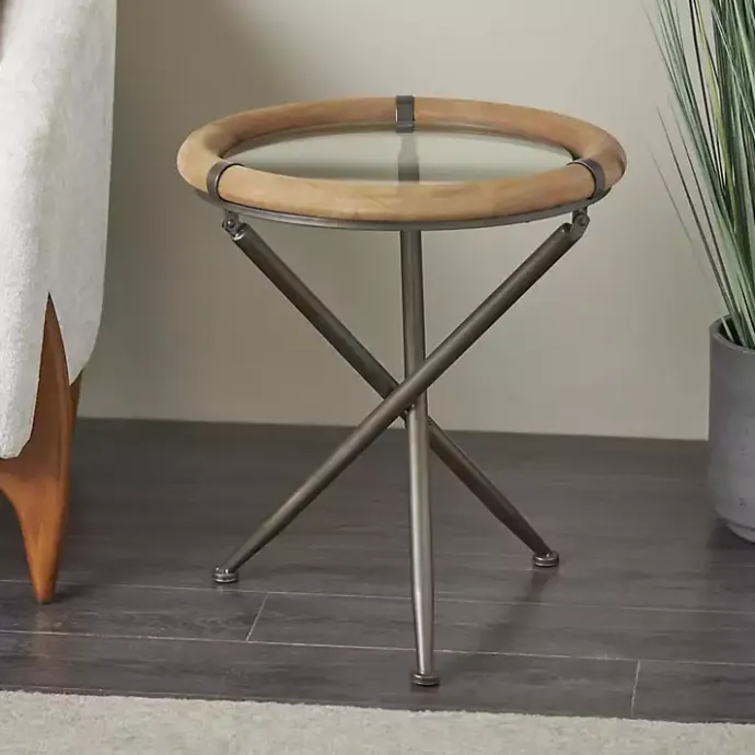 Outlet Kirklands Home Wood and Glass Round Tripod Accent Table Brown