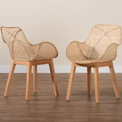 Sale Kirklands Home Wood and Rat Flared Dining Chairs, Set of 2 Tan