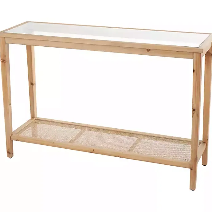Online Kirklands Home Wood Glass Top Console Table with Rattan Shelf Brown