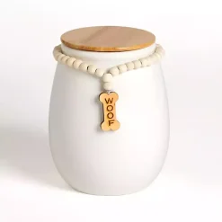 Best Kirklands Home Woof Ceramic Dog Treat Canister with Beaded Accent White