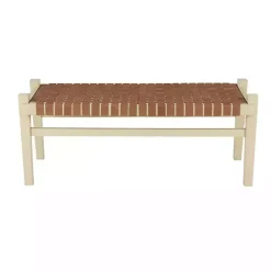 Outlet Kirklands Home Woven Camel Leather Natural Wood Bench Brown