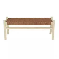 Outlet Kirklands Home Woven Camel Leather Natural Wood Bench Brown