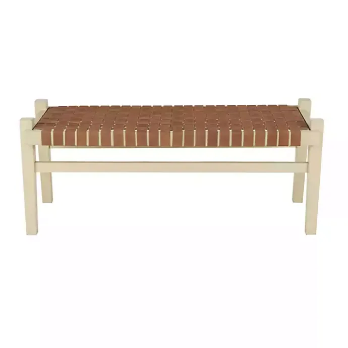 Outlet Kirklands Home Woven Camel Leather Natural Wood Bench Brown