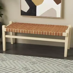 Outlet Kirklands Home Woven Camel Leather Natural Wood Bench Brown