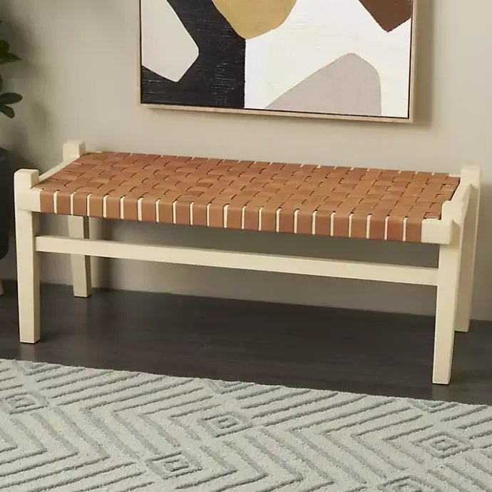 Outlet Kirklands Home Woven Camel Leather Natural Wood Bench Brown