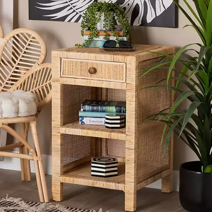 Outlet Kirklands Home Woven Rat and Mahogany Wood Nightsd Tan