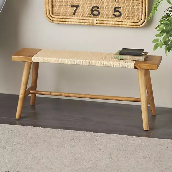 Clearance Kirklands Home Woven Rope Narrow Wood Bench Tan