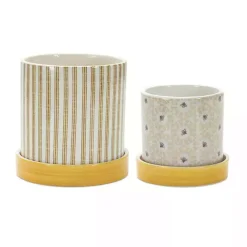 Kirklands Home Yellow Striped and Bee Decorative Pots, Set of 2