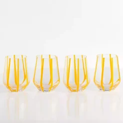 New Kirklands Home Yellow Striped Stemless Wine Glasses, Set of 4